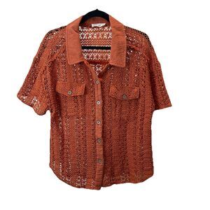 New In Orange Button Up Crochet Short Sleeve Shirt Boho Festival Womens Size L